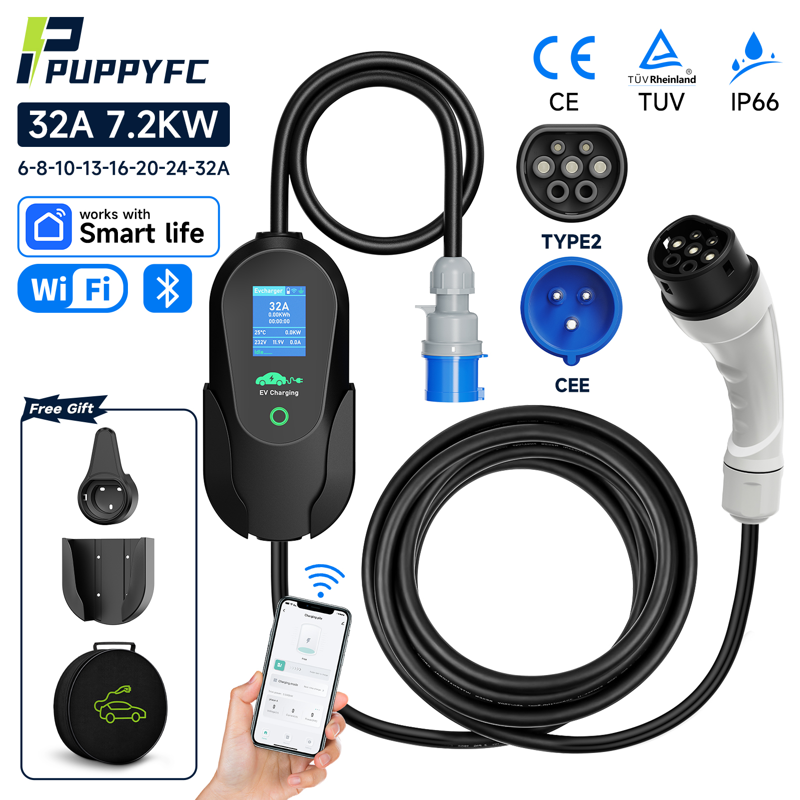 Puppyfc 7KW 32A Type2 ポータブル EV 充電器 Type1/GBT 5 メートル CEE プラグ WiFi/APP 制御高速家庭用充電ステーション電気自動車用