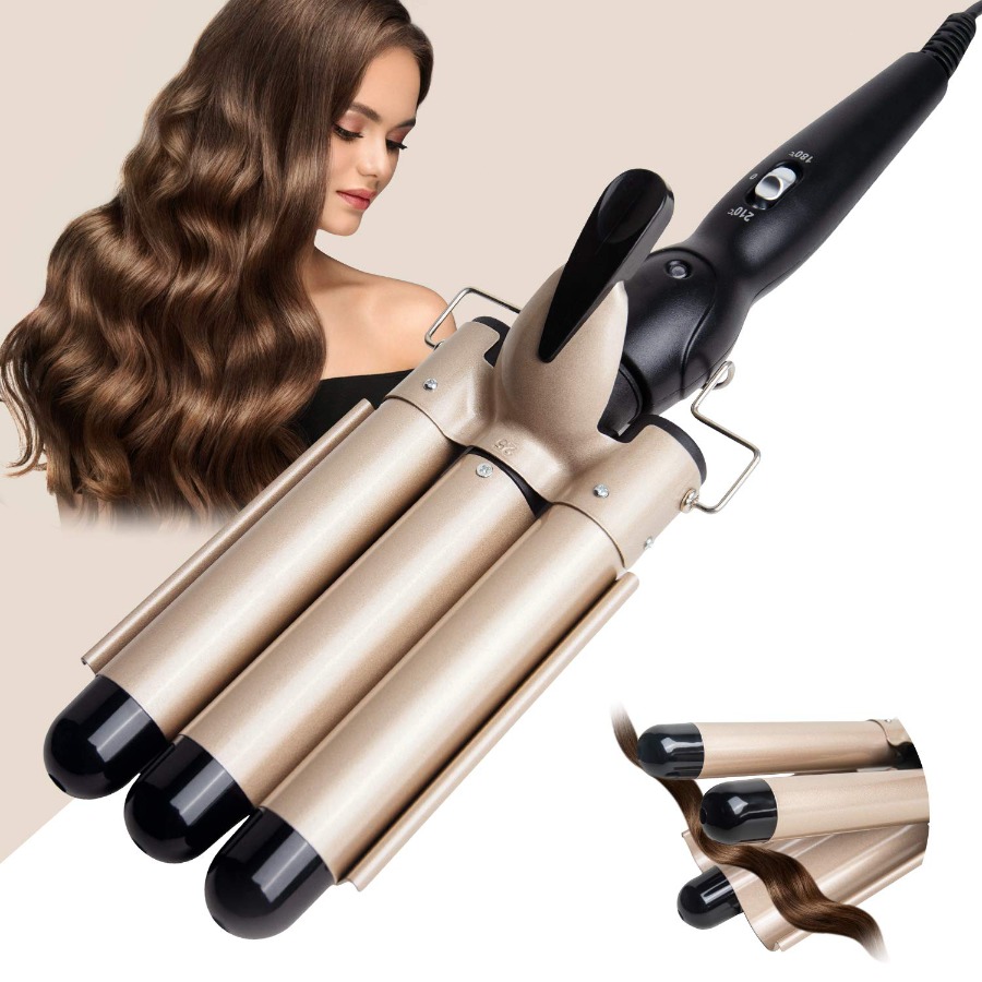 1 インチ 3 バレル ヘアアイロン — セラミック トルマリン ウェイバー、LCD 温度表示 |折りたたみ式