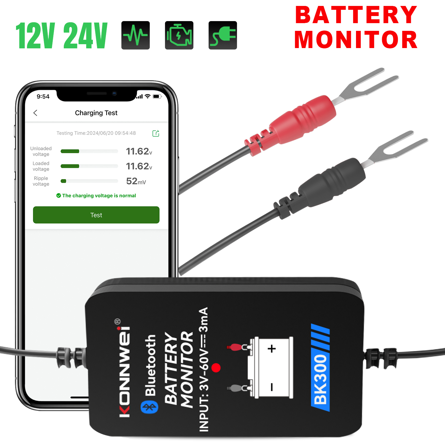 12V 24V カーバッテリーアナライザーモニターツール全自動鉛酸充電クランキングシステム BT 5.0 IOS Android 用長期データテスト