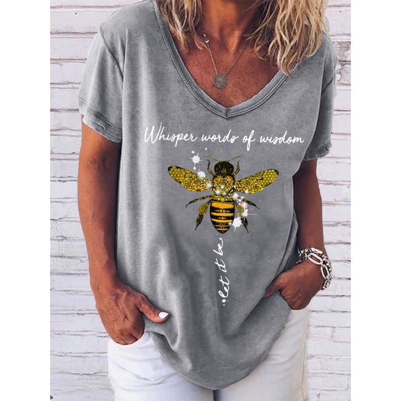 ilstile Women's Hippie Letter Print T-Shirts Summer Short Sleeve T Shirt Casual Loose V Neck Tops Black Blue Grey Tees NEW