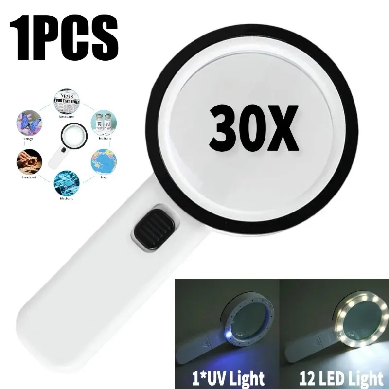 ジュエリーウォッチ修理読み取り検査用の12個のLEDとUVライトを備えた30倍ポータブル手持ち虫眼鏡