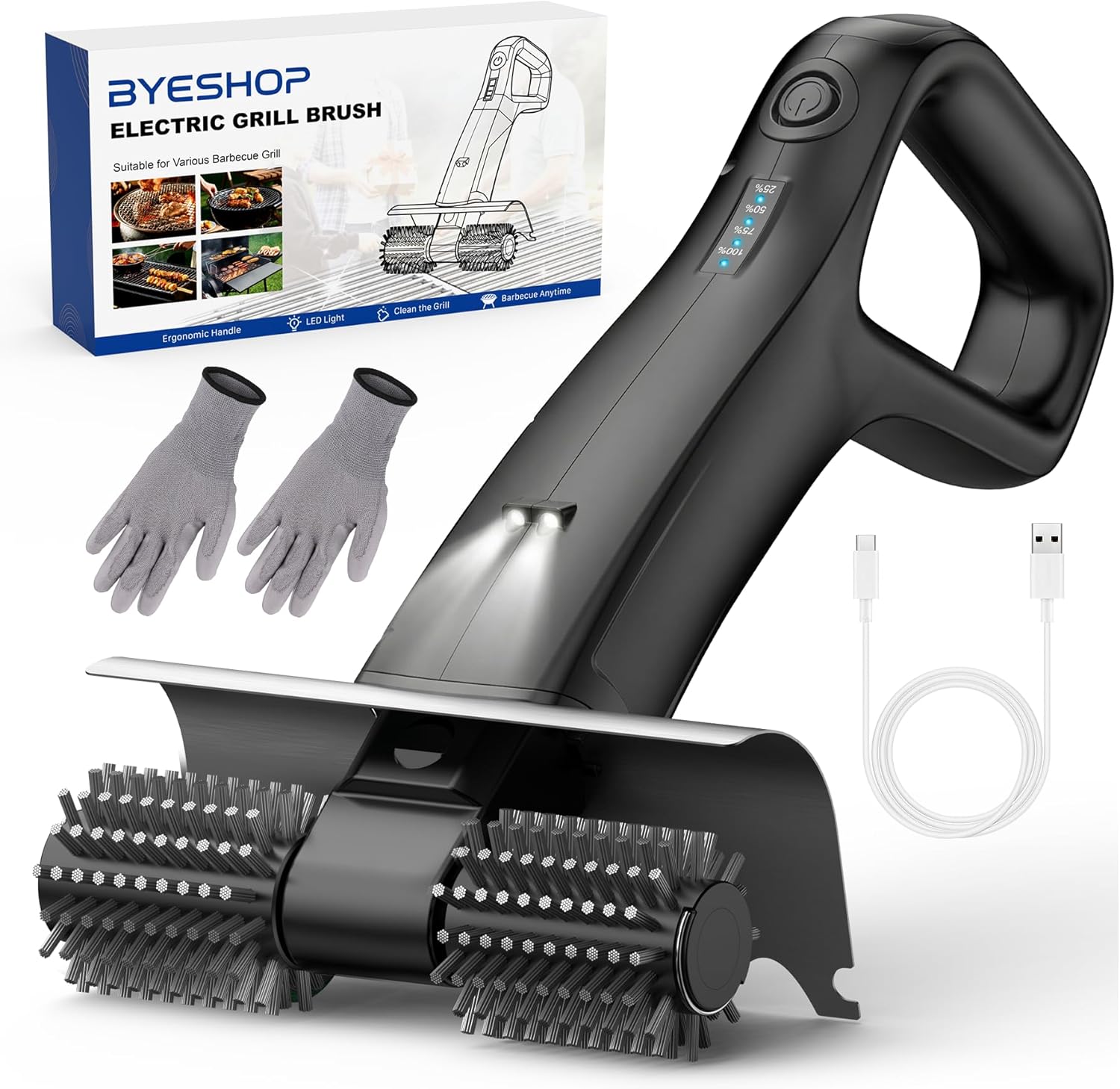 2026 電気グリルブラシ 2 つのブラシヘッド付き、800RPM 25kgf 高トルク BBQ クリーナー、3500mAh バッテリー、180 分の長時間稼働、延長ハンドル、頑固なグリースのグリルスクレーパーとして機能