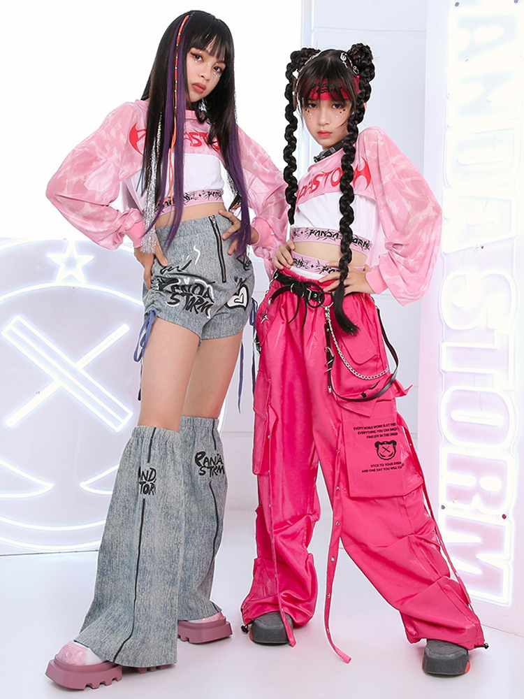 子供ジャズダンス衣装女の子ピンククロップトップスパンツファッションヒップホップパフォーマンス服 Kpop 衣装コンサートステージ摩耗 BL13192