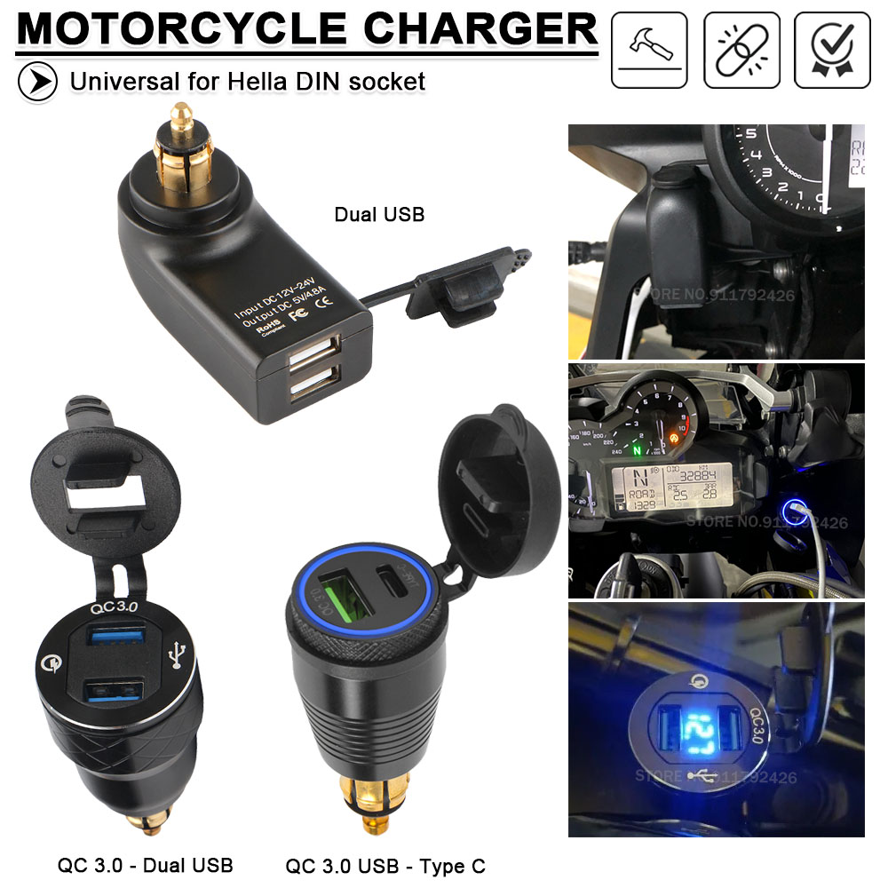 オートバイ USB 充電器 DIN Hella ソケット QC3.0 充電アダプタ BMW G310R G310GS R1200GS R1250GS K1200LT/GT F800GT F900R/XR