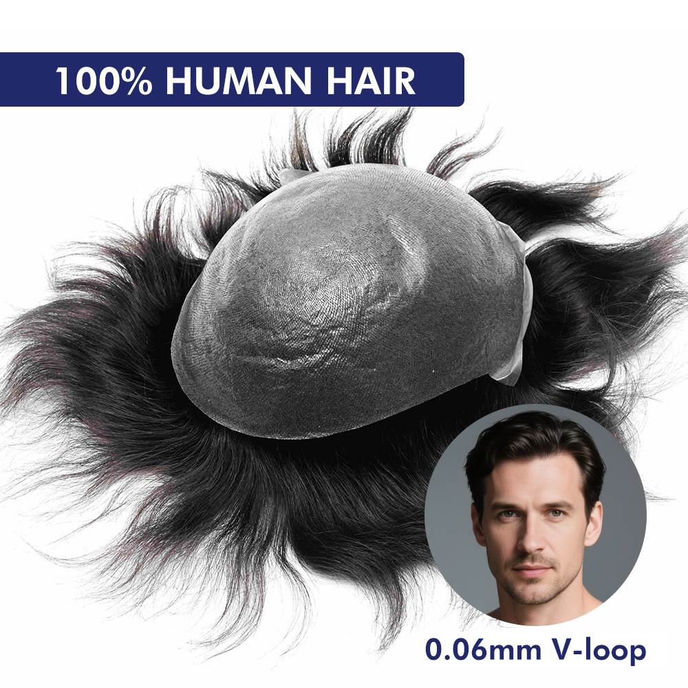 OS25 0.06 ミリメートルバイオクリアランス薄皮交換システムかつら毛細管プロテーゼヘアピース男性の髪 V ループ男性かつら