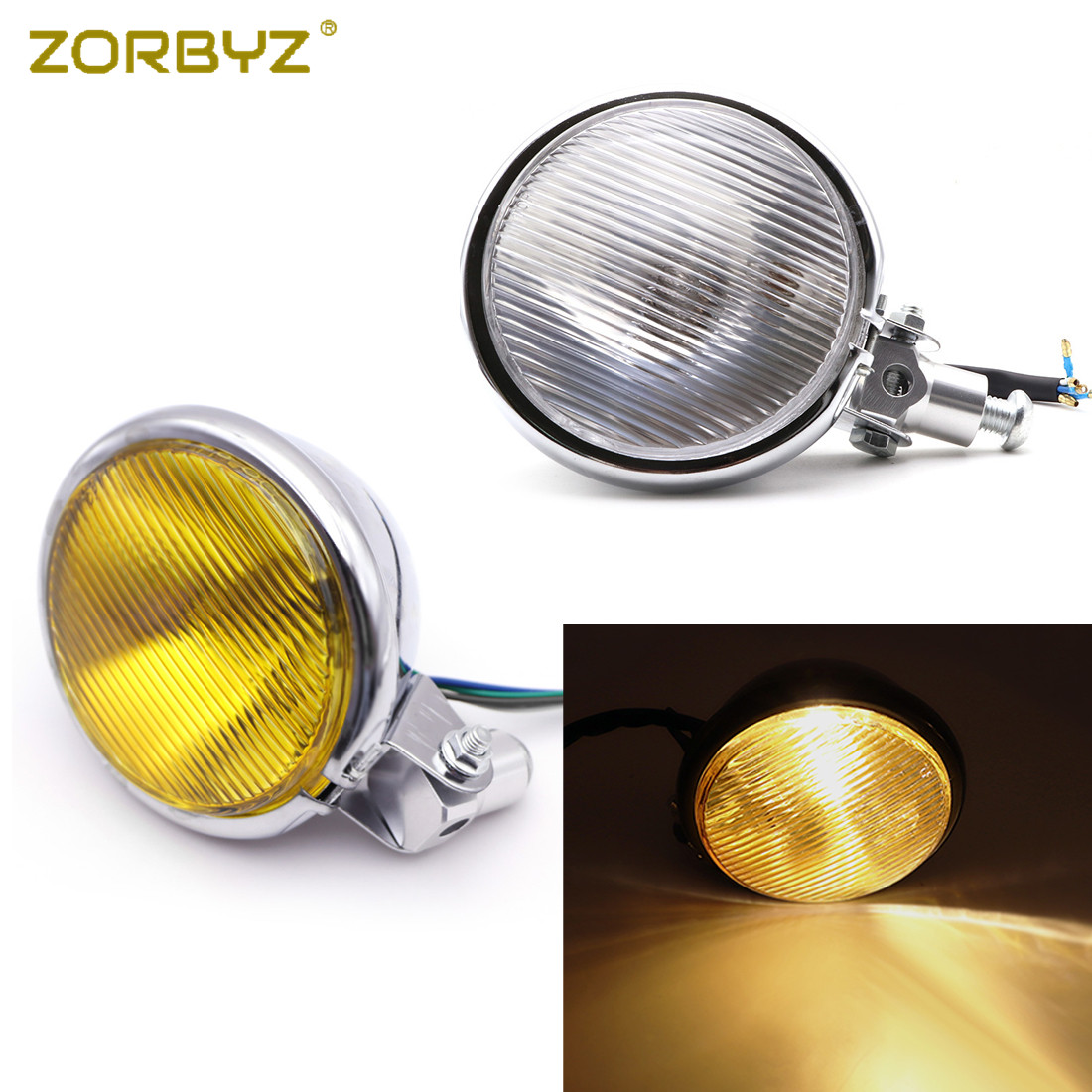 ZORBYZ レトロオートバイヘッドライトクロームメタルクリア/アンバーレンズハロゲン電球ランプボバーチョッパーカフェレーサーカスタム