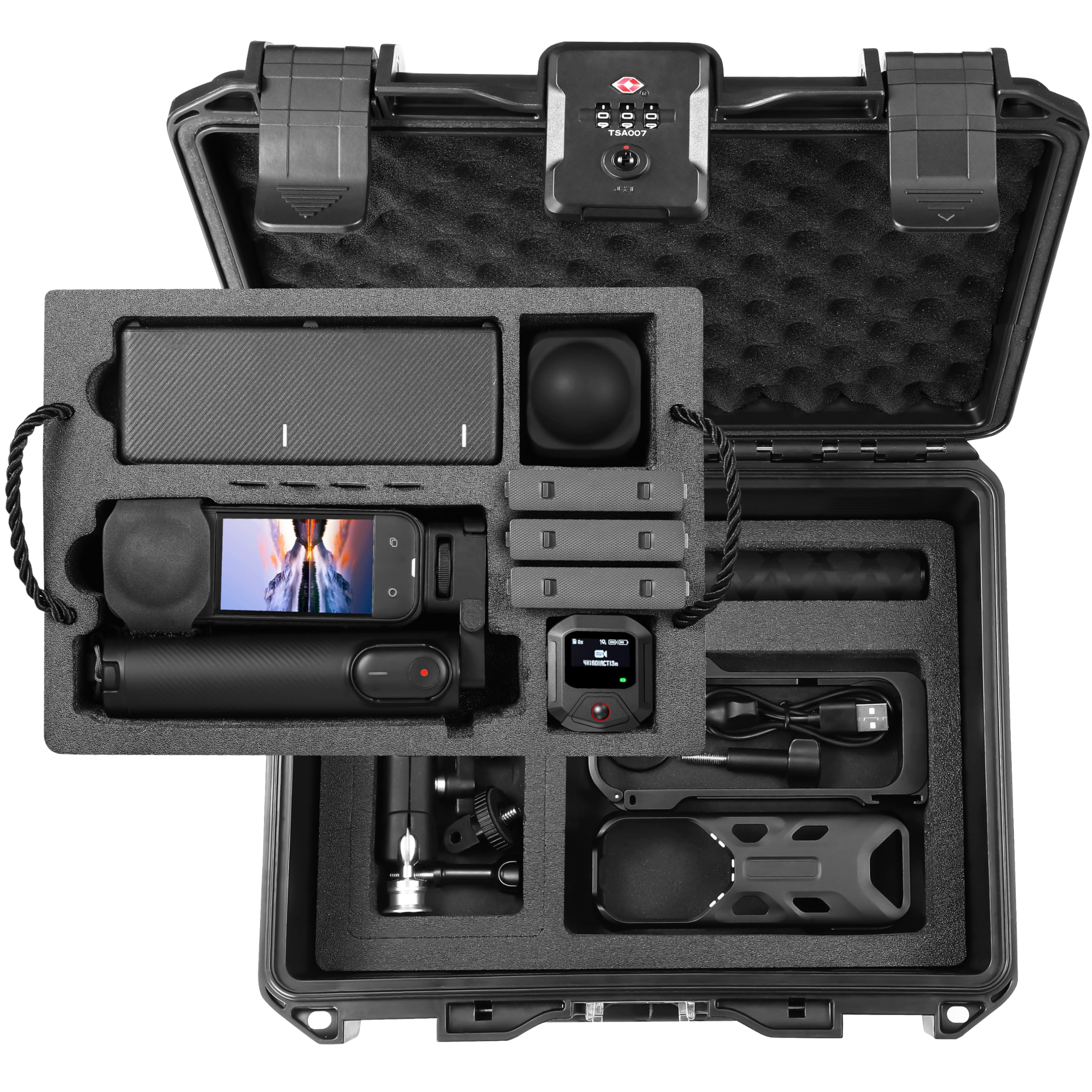 Insta360 X5用キャリングケースオーガナイザー、TSAロック可能二層ハードシェルトラベル防水ケース、Insta 360 X5 X4アクセサリー用、折りたたみ式自撮り棒、充電ハブ、ユーティリティフレームメタルケージ用
