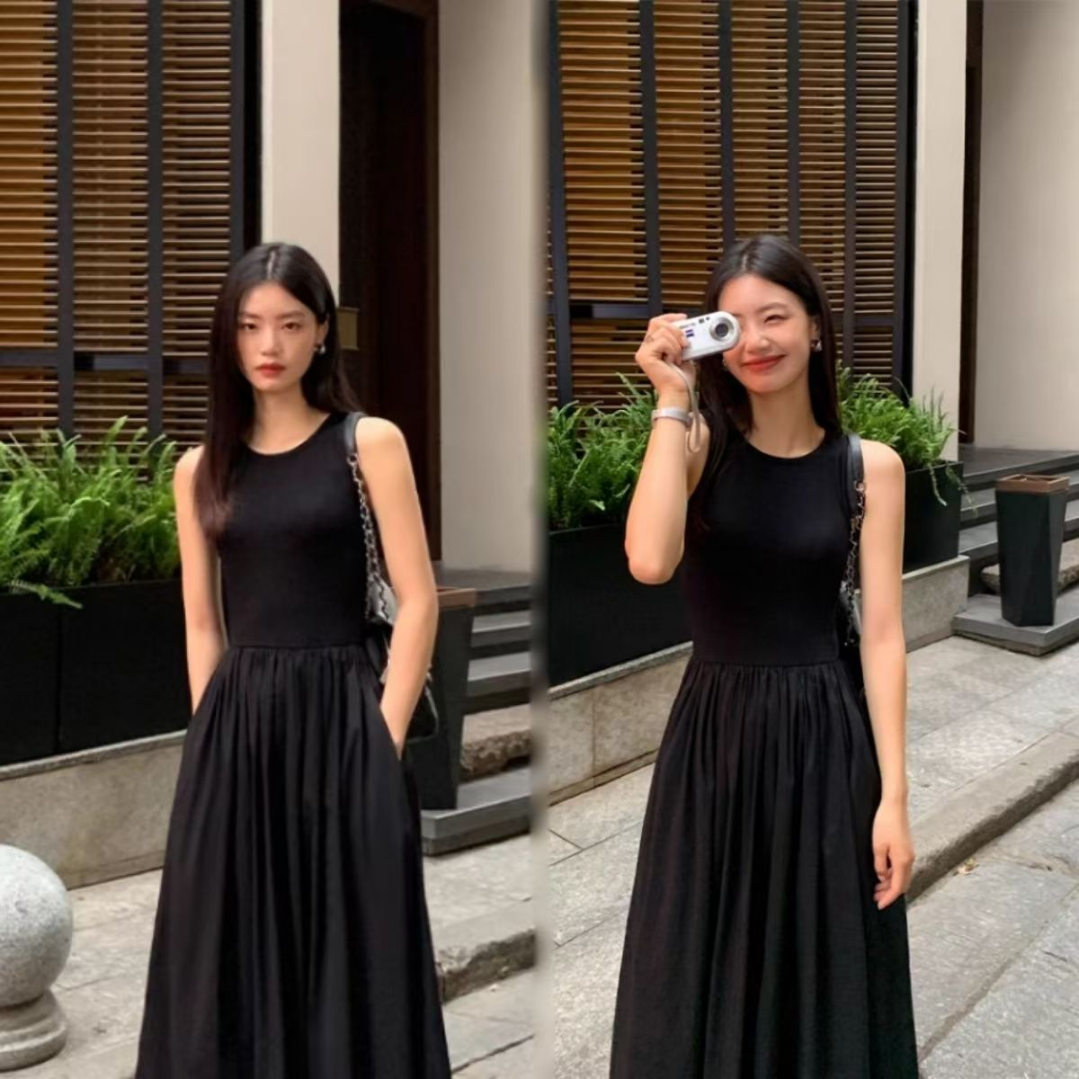 新しいヴィンテージホリデースタイルブラックミディドレスドレス女性服 O ネックオフィスレディカジュアルポケット婦人服