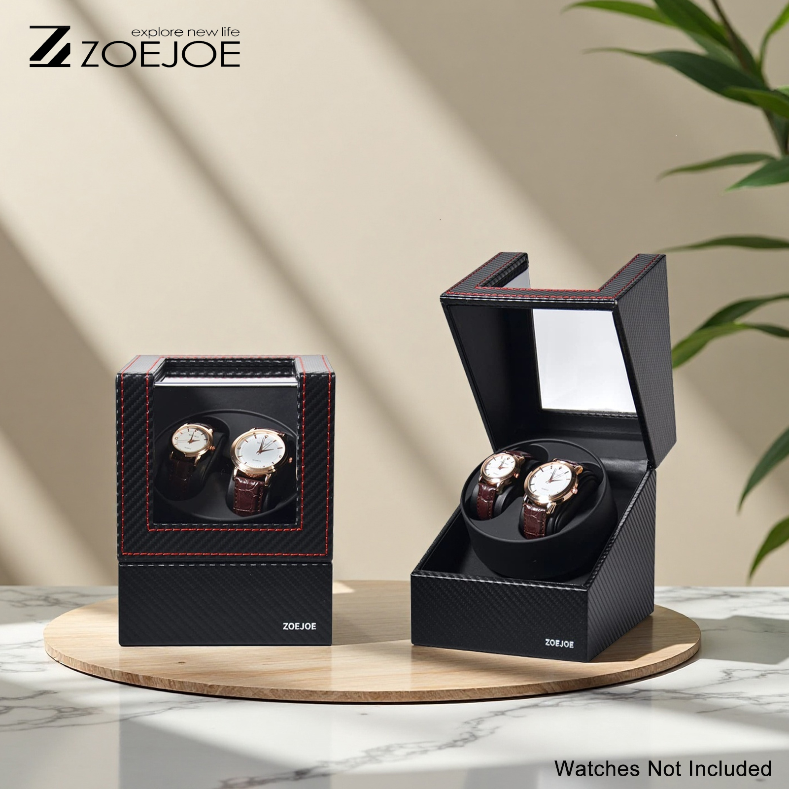 ZOEJOE 2 スロットウォッチワインダーカーボンファイバー Pu レザー自動ウォッチワインダークリアカバー付き低ノイズフィットメンズ腕時計レディース腕時計