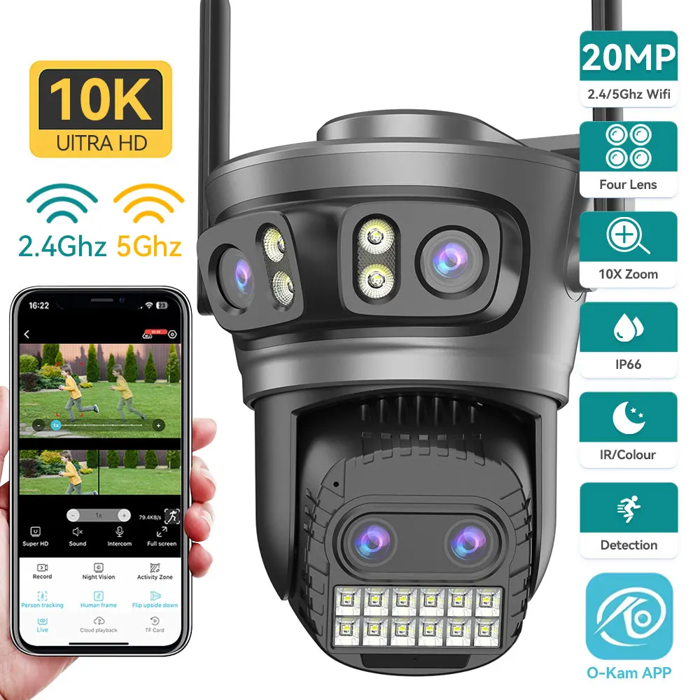 20MP 8K 4 レンズ 3 画面 10X ズーム家庭用監視カメラ Wifi カメラ 10MP 5K セキュリティ保護自動追跡屋外