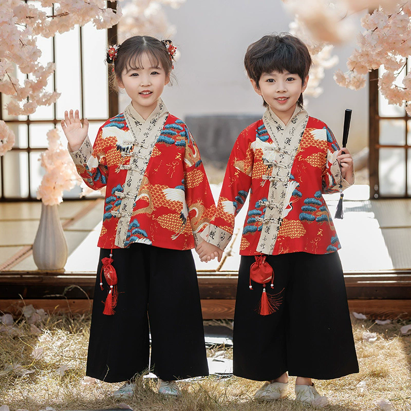 春夏唐衣装ガールスーツカジュアルベビー韓服子供セット伝統的な中国服子供服 2 点セット男の子