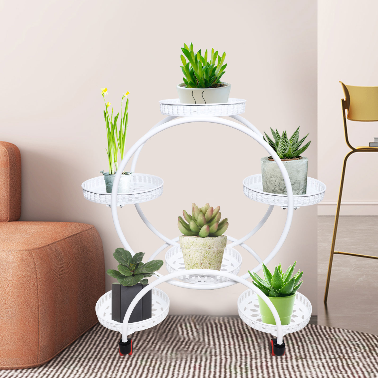 金属製プラントスタンド 6 ポット植物フラワースタンド パティオガーデンリビングルームコーナーバルコニー寝室用ブラック/ホワイト