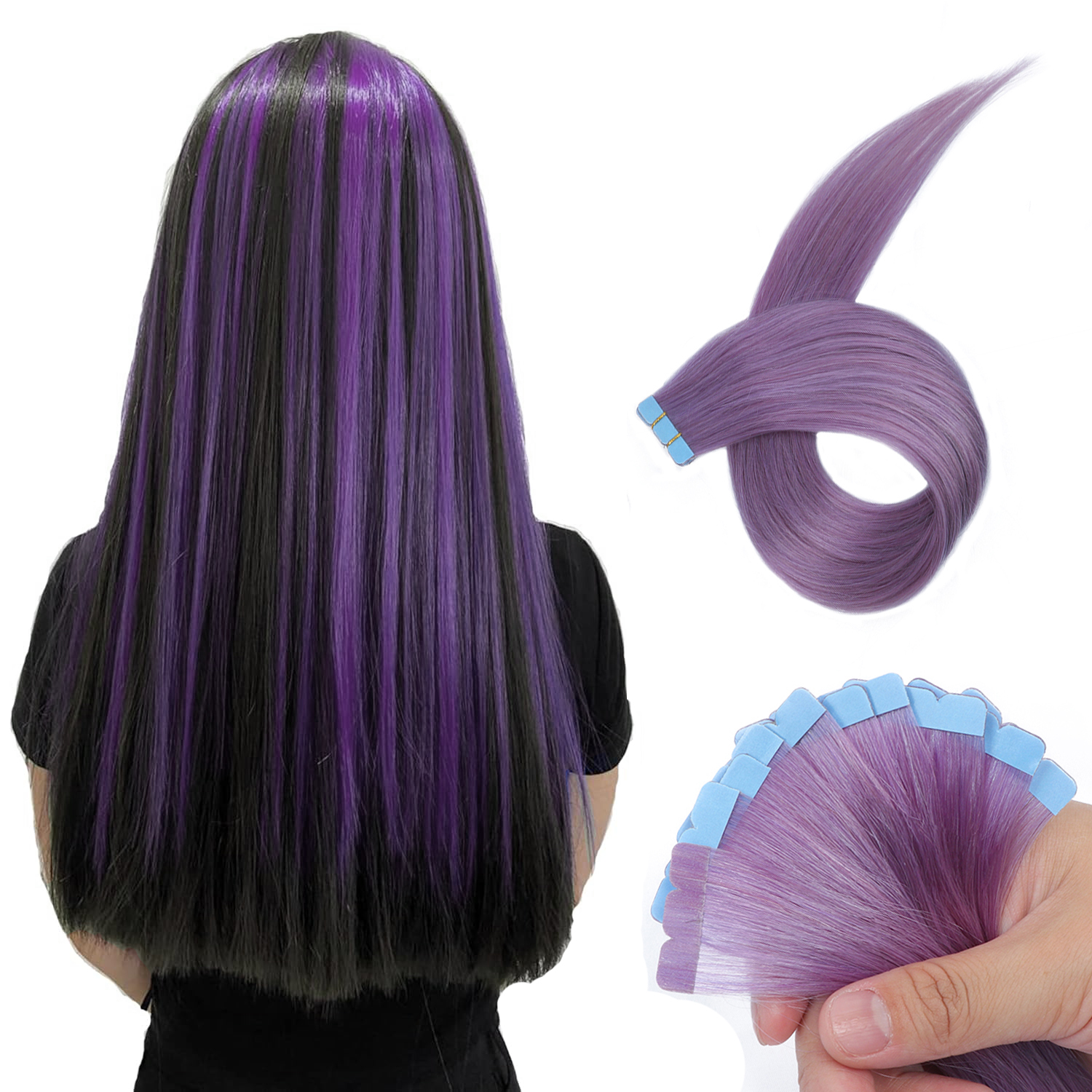 カラーレインボーヘアエクステンション ミニテープ ヘアエクステンション スキンヨコ糸 両面目に見えないシームレステープ 12インチ 16インチ 20インチ