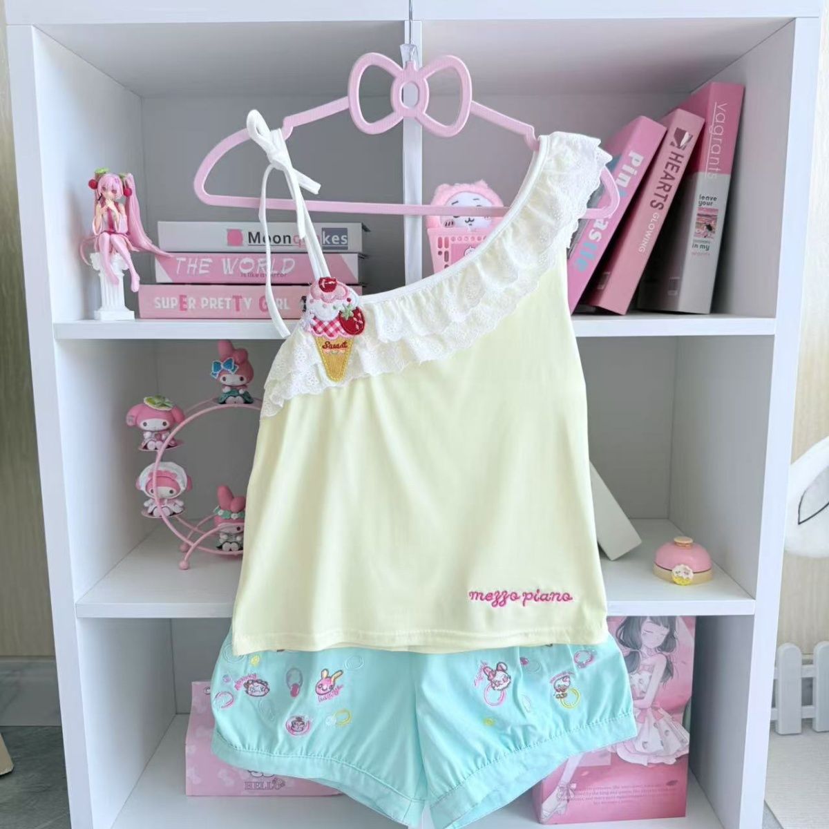 夏甘い日本の漫画 Mp JojiFuku 2 ピースセットレディース衣装アイスクリーム刺繍トップランタンショーツ甘い Y2k スーツ