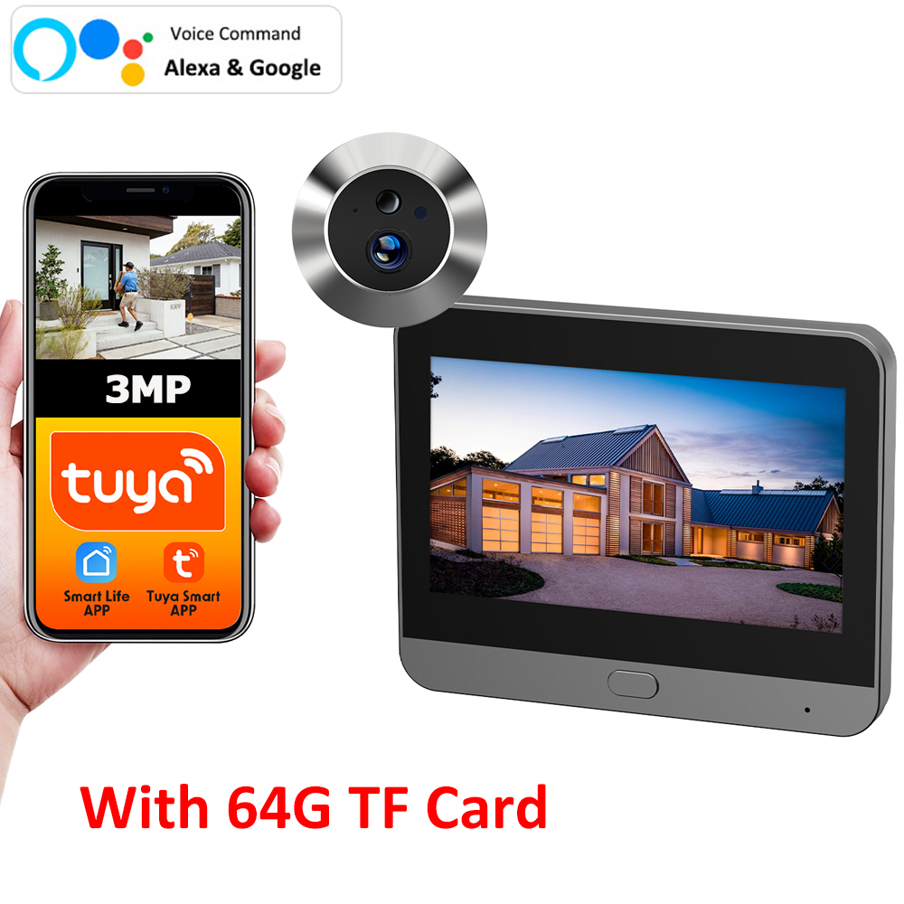 Tuya Smart Life 2.4G WiFi バッテリーのぞき穴ドアアイホールデジタルビューアー住宅用カメラ 3MP 64G TF カード付属アパート用
