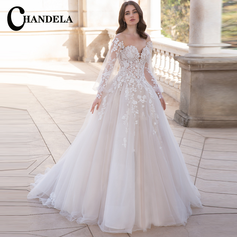 CHANDELA エレガントなウェディングドレスパフィースリーブスクープ A ラインアップリケプリーツブライダルドレス Vestido デ Casamento カスタマイズ女性のために