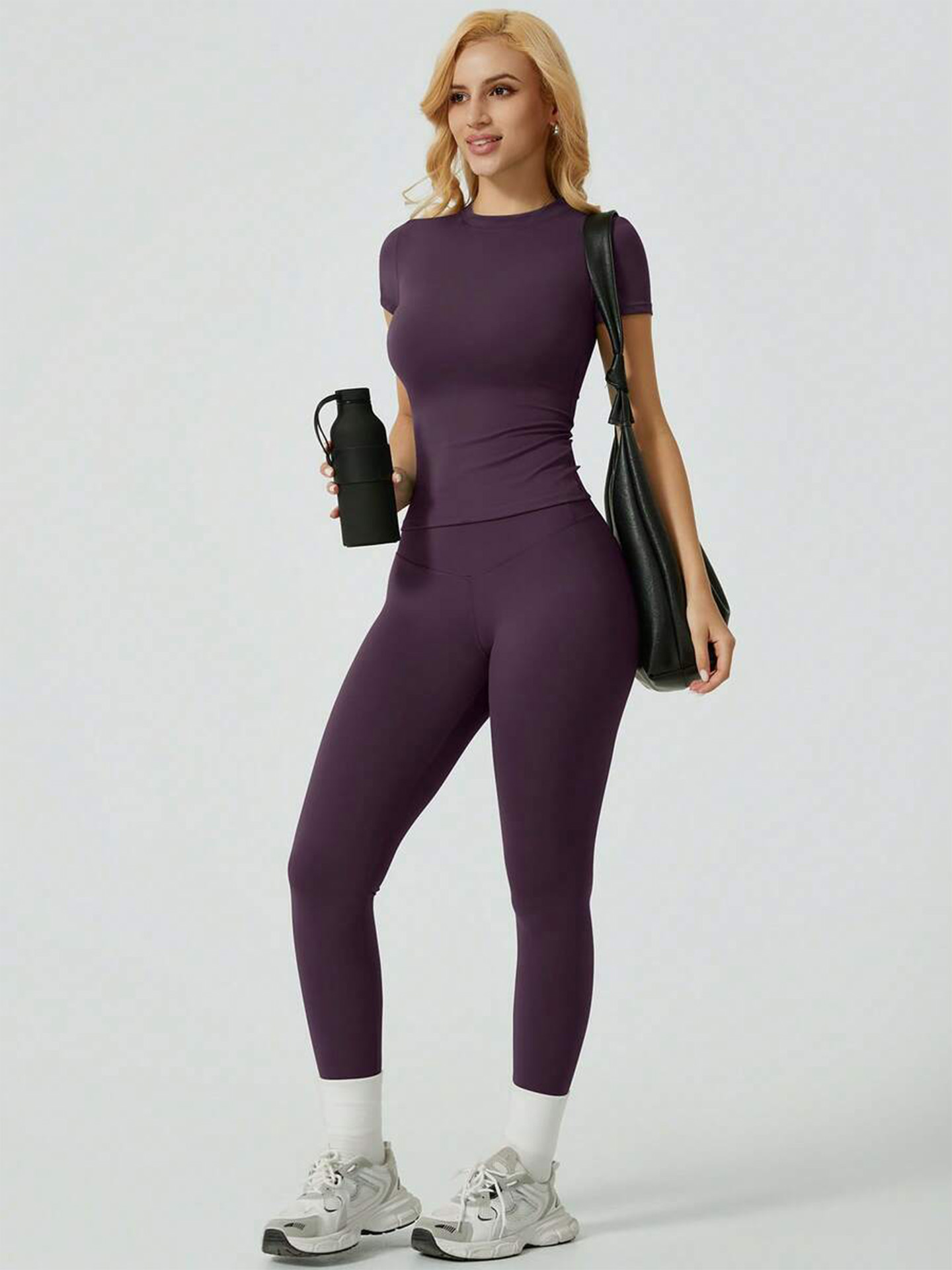 2 ピースヨガセット女性半袖トップハイウエストレギンスジムトレーニング服おなかコントロールフィットネススポーツウェアアクティブウェア Sui