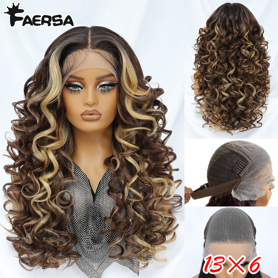 13 × 6 Latisha 合成レースフロントウィッグ事前摘み取られたレースフロントウィッグベビーヘア付き女性のためのカーリーハイライトオンブルブロンド女性