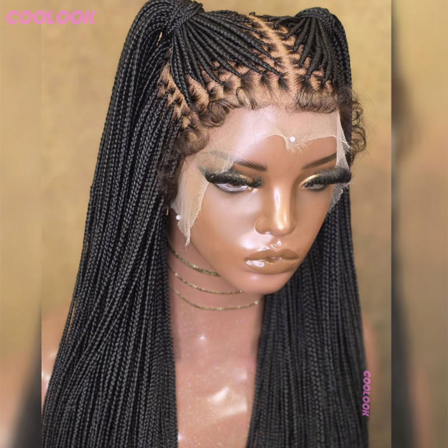 Cornrows 編組ウィッグ小さな正方形結び目のないボックス三つ編みウィッグ黒人女性のためのベビーヘア合成ロング 36 インチ編み毛