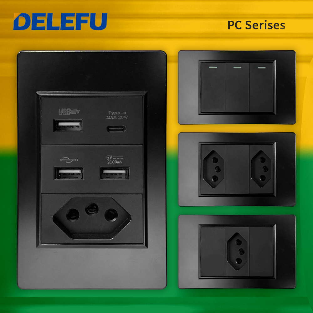 DELEFU PC パネル耐火ダブル USB タイプ C 充電ブラジル標準コンセント黒壁電源ライトスイッチ電気プラグ 10A 20A