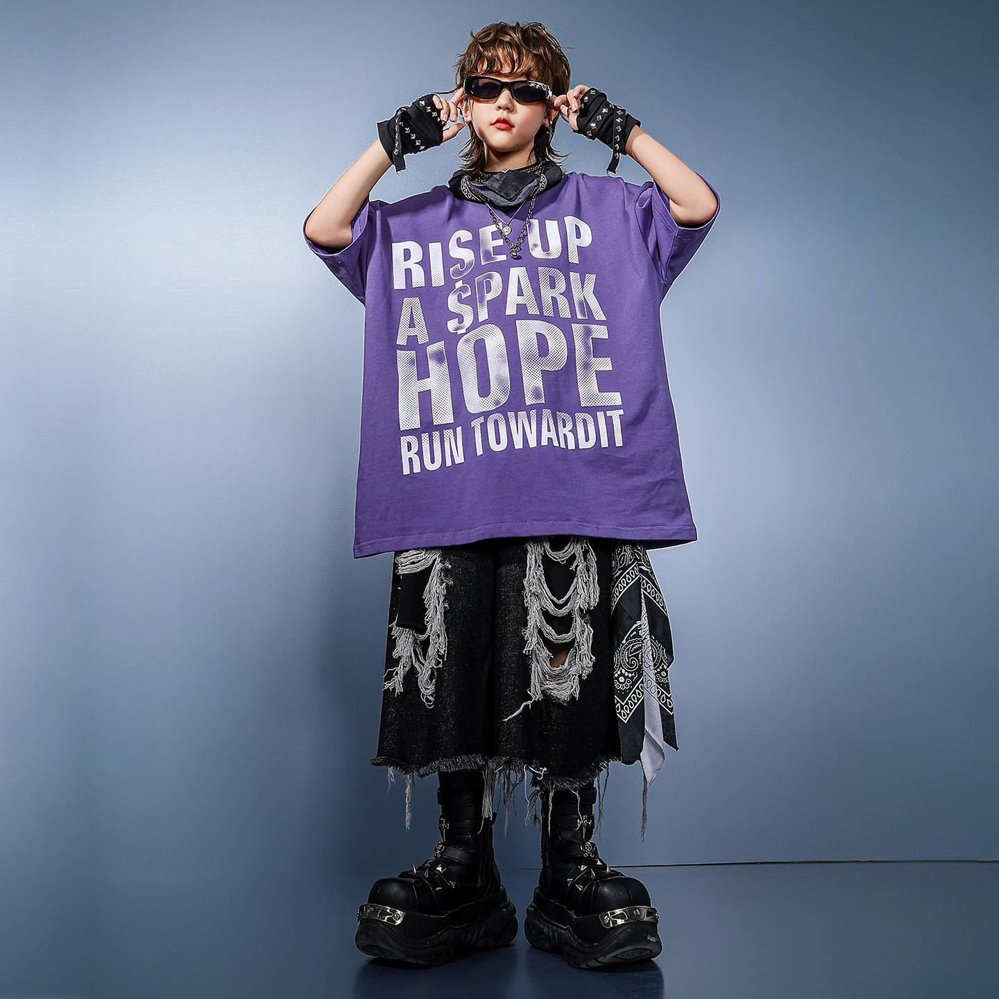 Kid Hip Hop Clothing Purple Letters T Shirt Black Distressed Ripped Jeans Shorts Middle Pants for Girl Boy Dance Costume Clothes
