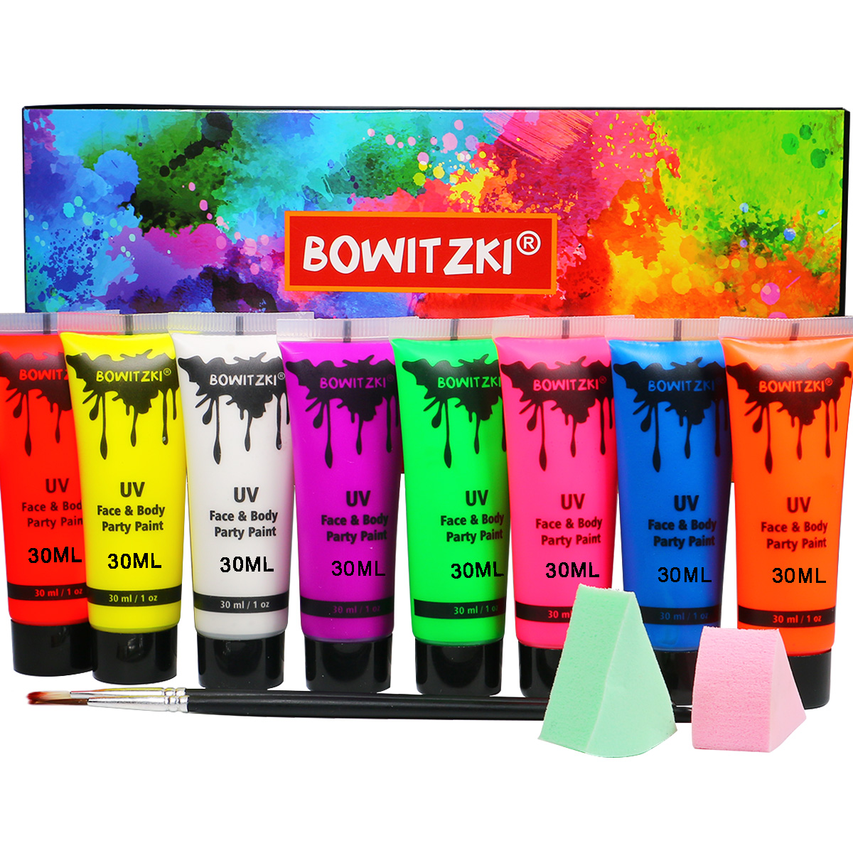 Bowitzki UV ボディペイント 8 x 30ml ネオンフェイスペイントセット 1 オンス ブラックライトグローメイクアップキット 音楽フェスティバル用蛍光フェイスペイント