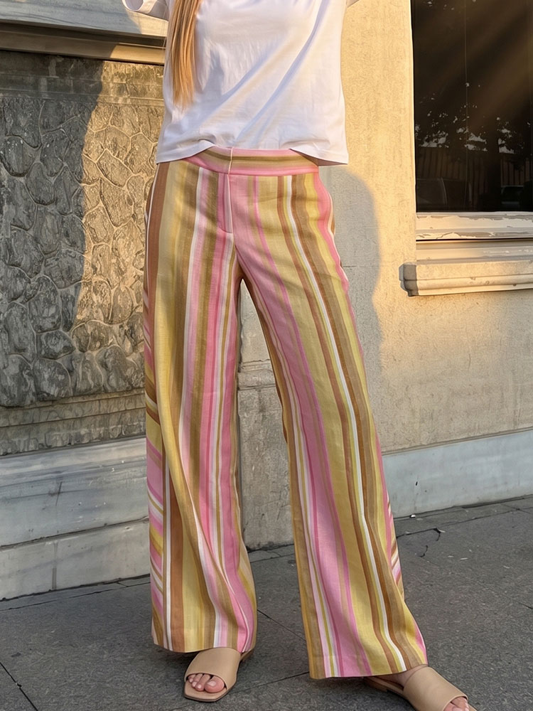 HH 女性ファッションマルチカラーストライプパンツカジュアルルーズジッパーフライワイドレッグパンツオフィスレディボトムス女性ストレートズボン