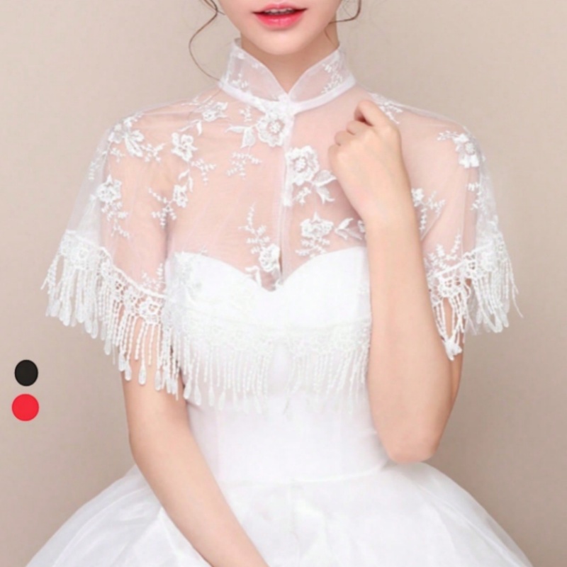 女性用 ホワイト レッド ブラック スタンドカラー タッセル 刺繍入り チュール イブニングボールケープ ソリッドカラー ソフト エレガント フォーマル 透明ケープ