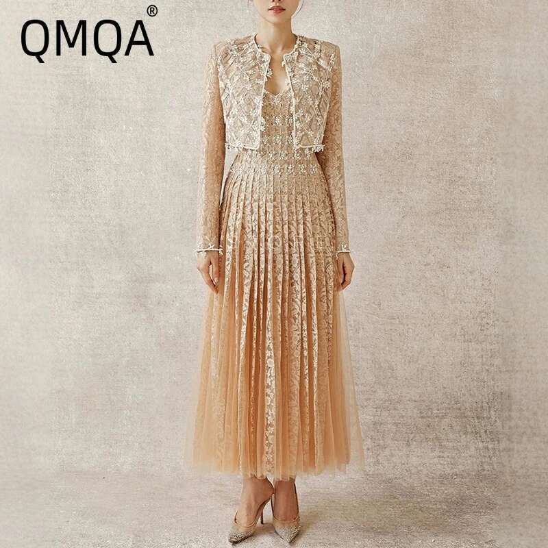 QMQA ファッション女性のフレンチニッチ刺繍 2 点セット長袖ショットコートパッチワークメッシュスリングドレス 2025 新しい QM327