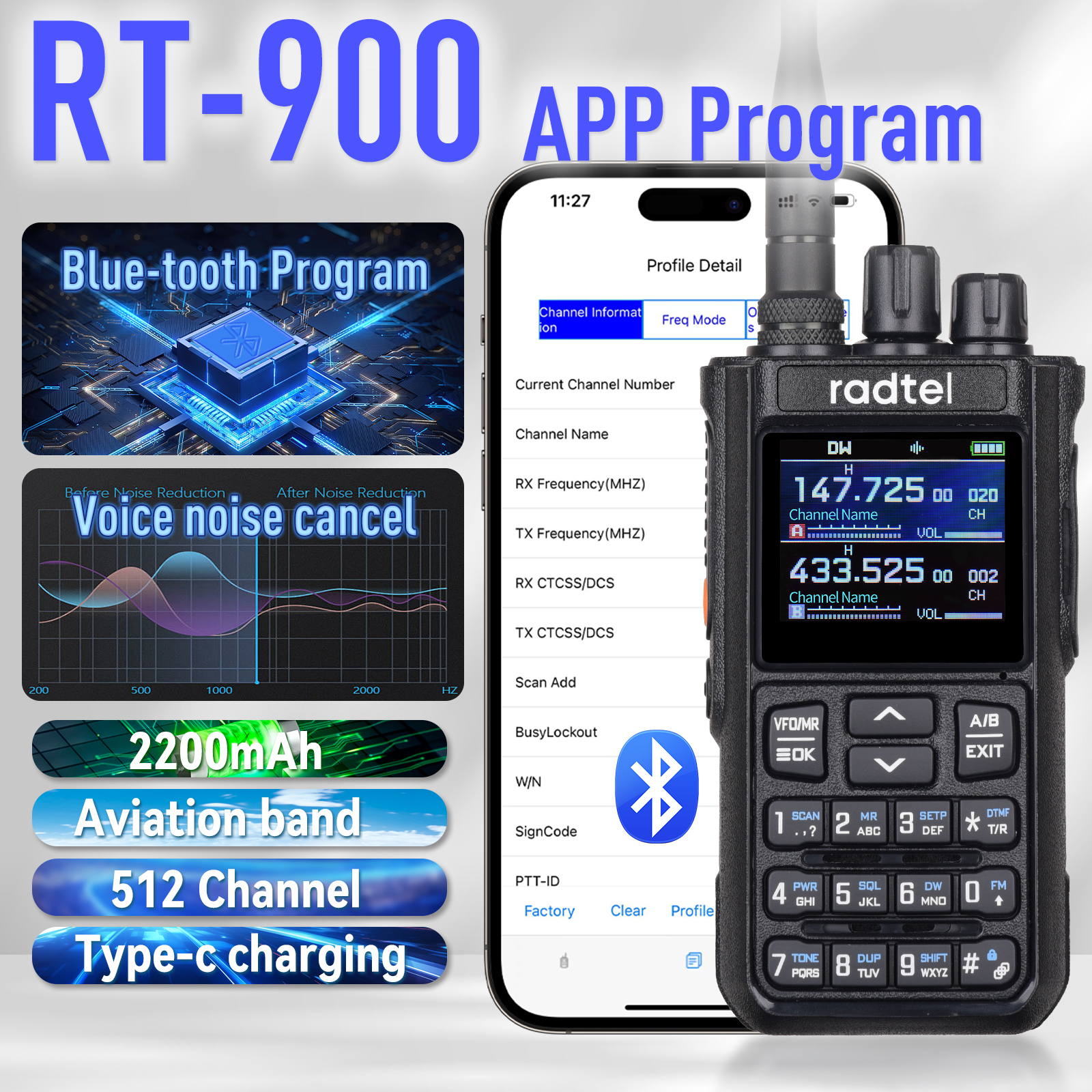 Radtel RT-900 8 ワットフルバンドアマチュア無線トランシーバー 512CH エアバンド双方向ラジオ局航空 NOAA 警察マリンリバー PTT