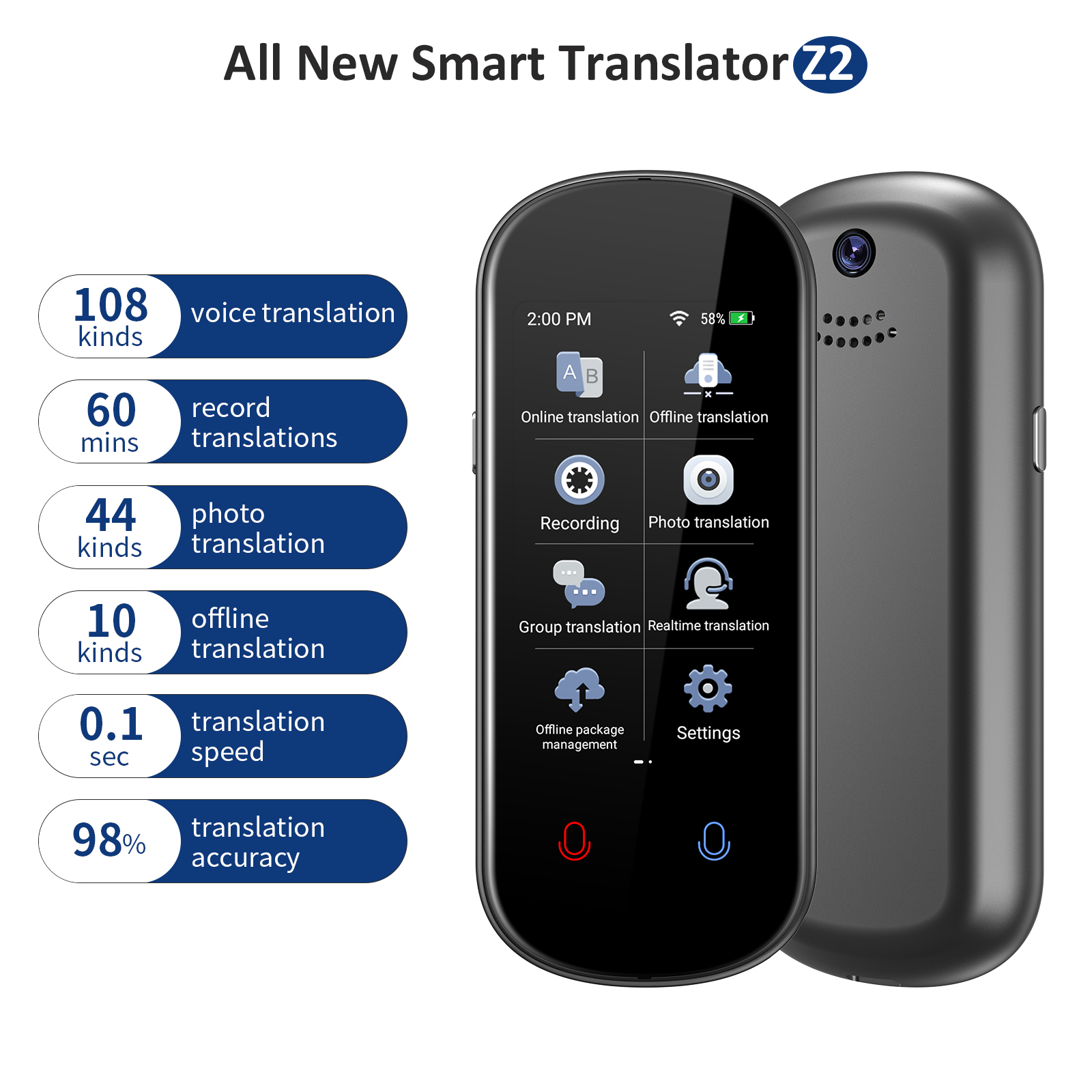 Z2 インスタント音声翻訳機 138 言語双方向翻訳ポータブルスマート AI 翻訳デバイスサポートオフライン/写真翻訳
