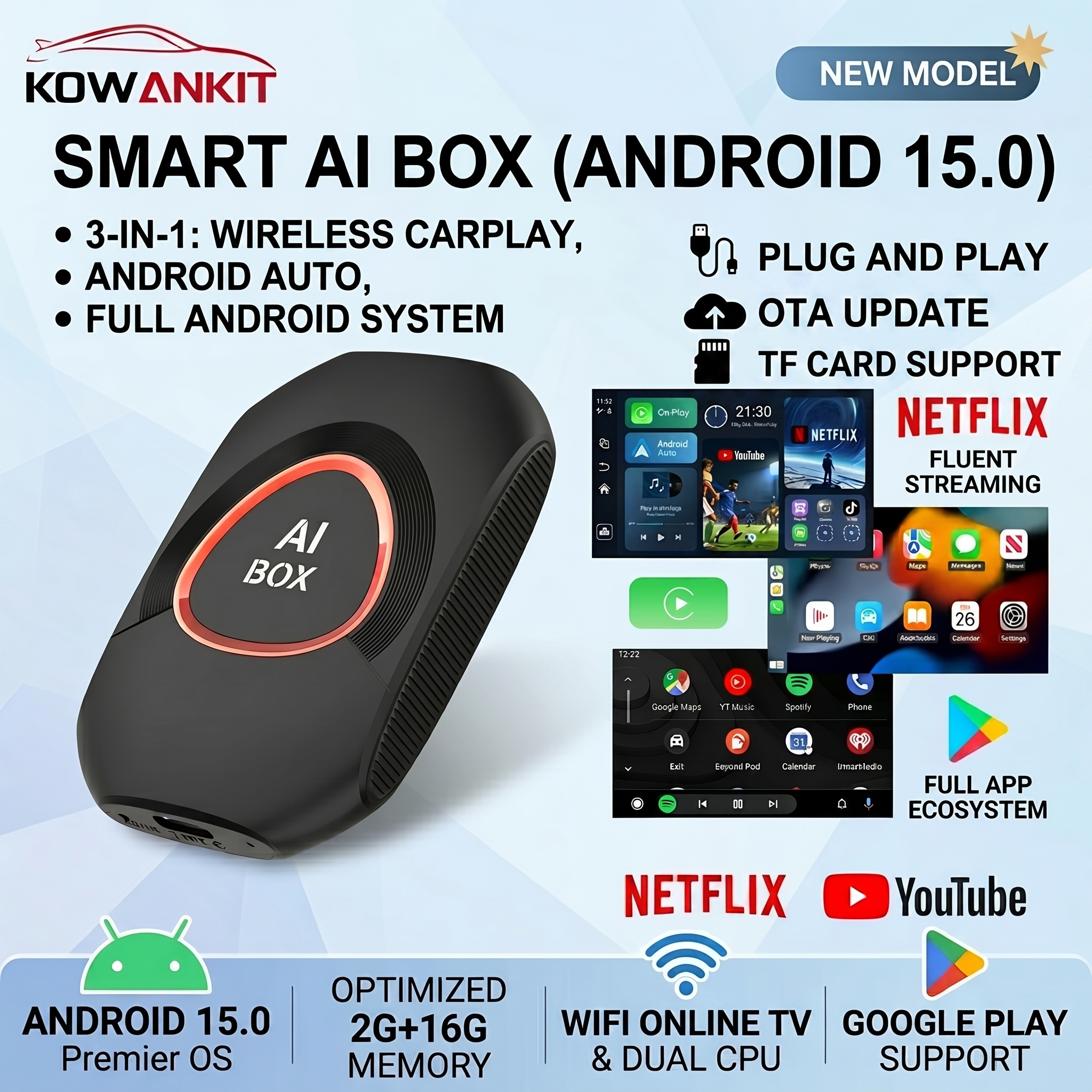 2026 Kowankit Android 15 3 in 1 ワイヤレス CarPlay スマート AI ボックス Android 自動アダプター プラグプレイ 車 TV ボックス サポート YouTube Netflix