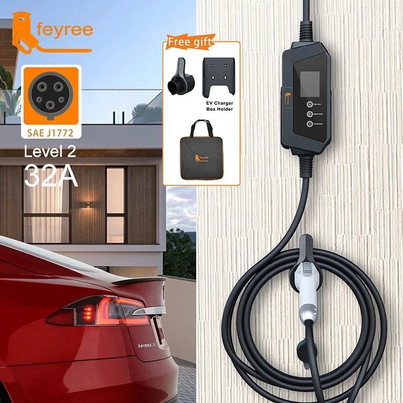 Feyree Type1 7kW 32A 1P EV 充電器プラグ J1772 コード電流調整可能なポータブル充電ボックスホルダー電気自動車充電器用
