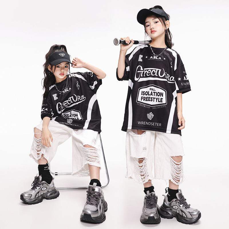 ニューストリートヒップホップダンス衣装女の子のためのパフォーマンス衣装黒 Tシャツトップス白ショーツ夏のファッションステージ着用服