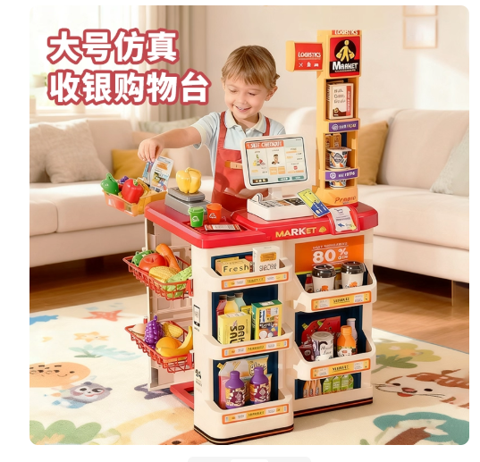 新しい大型スーパーマーケットのレジスタンド、男性と女性の子供の模擬家庭遊び、ショッピングカート、おもちゃ、誕生日プレゼント