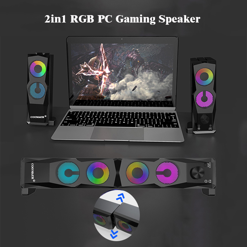 COOMAER 2in1 PC ゲームスピーカーアンビル Aux 3.5 ミリメートル USB ステレオ 2.0 サブウーファーサウンドバーラップトップスマートフォンデスクトップコンピュータプレーヤー用