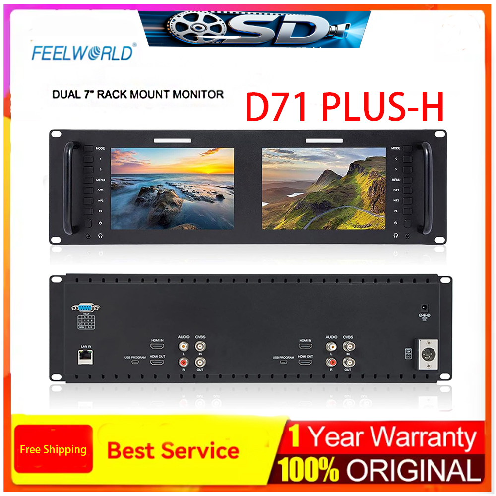 FEELWORLD D71 Plus -H デュアル 7 インチ 3RU IPS 1920x1200 ブロードキャスト LCD ラックマウント モニター (HDMI、AV 入力および出力付き)