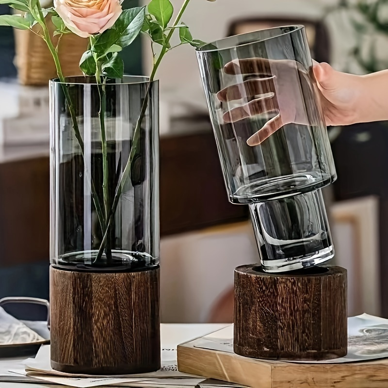 エレガントなガラス花瓶、木製ベース付き、水耕植物用、モダンな卓上フラワーアレンジメント、ホームデコレーション