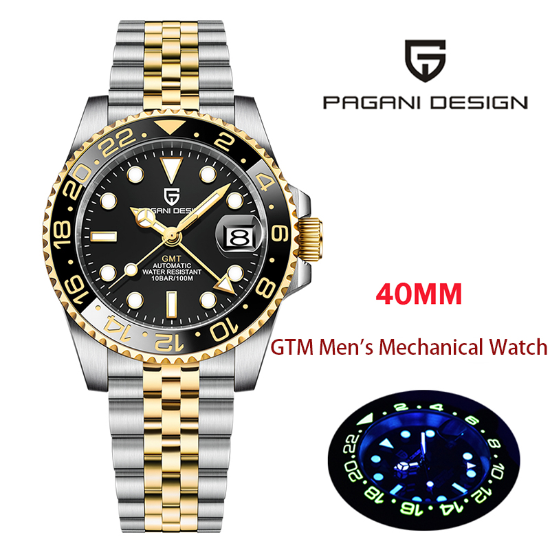 新しいパガーニデザイントップブランド GMT メンズ腕時計サファイアガラス自動メンズ腕時計 100 メートル防水 40 ミリメートル男性機械式時計