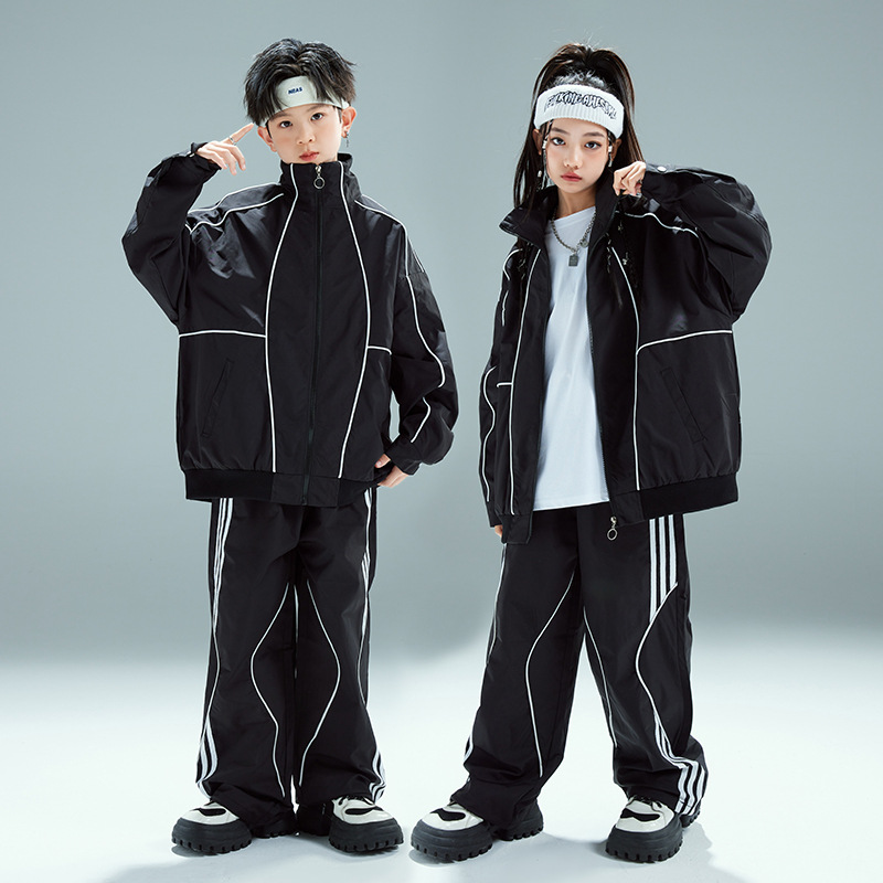 ボーイズヒップホップ黒野球コートストリートダンスだぶだぶのパンツ女の子ルーズジャケットグループジャズスポーツ服セットファッションストリート
