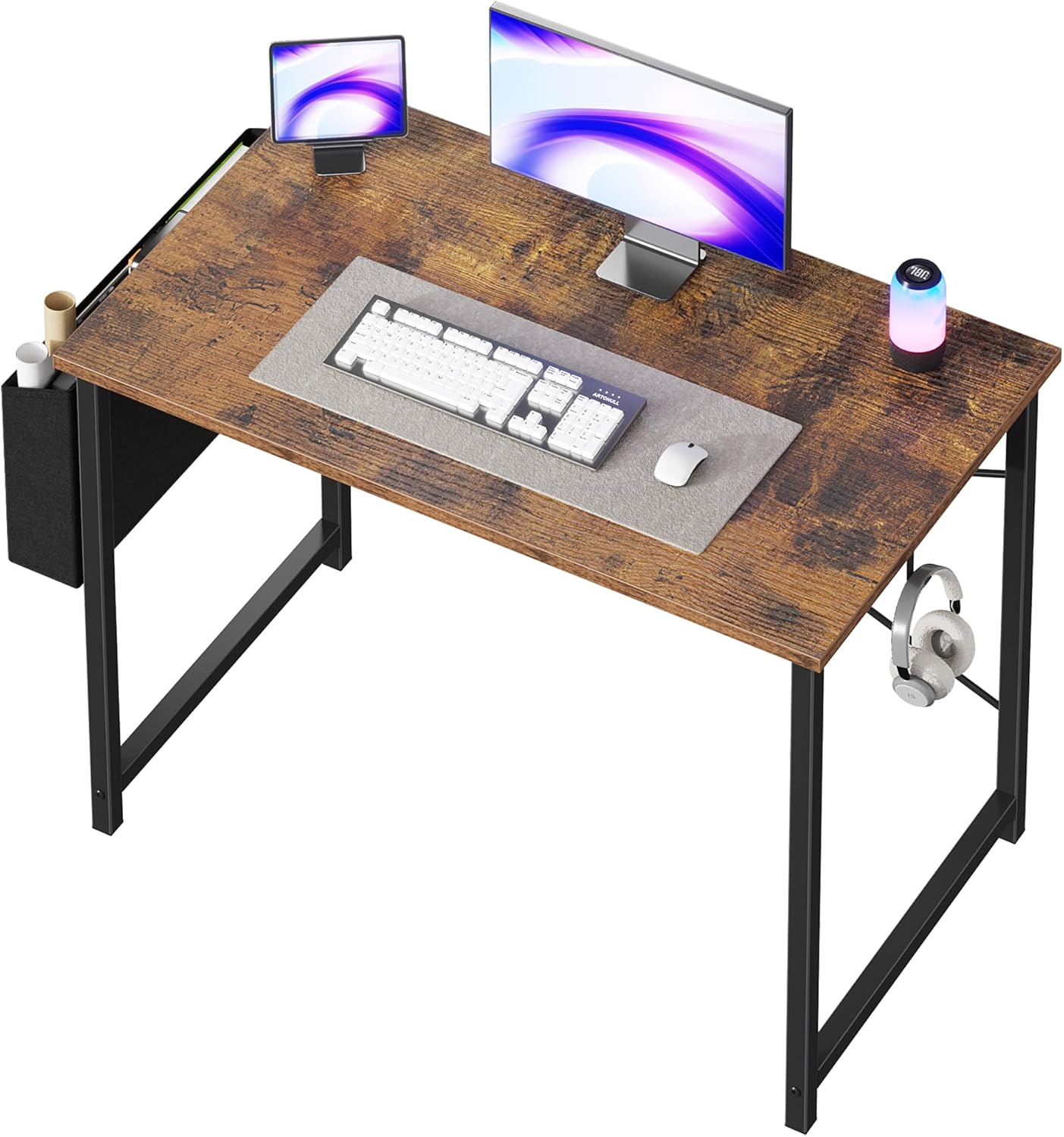 Computer Desk 40 Inch Home Office Desk for Small Spaces, Gaming Writing Study Work Table with Storage Bag and Headphone Hook, Rustic Brown