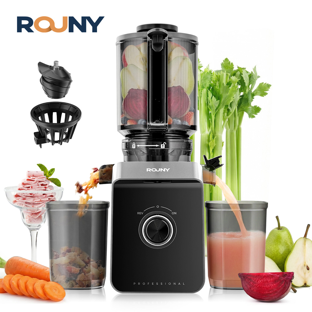 ROUNY スロージューサー、フィルター不要のコールドプレス抽出器、簡単に掃除できる大口径電動フルーツジューサーマシン、ブラック