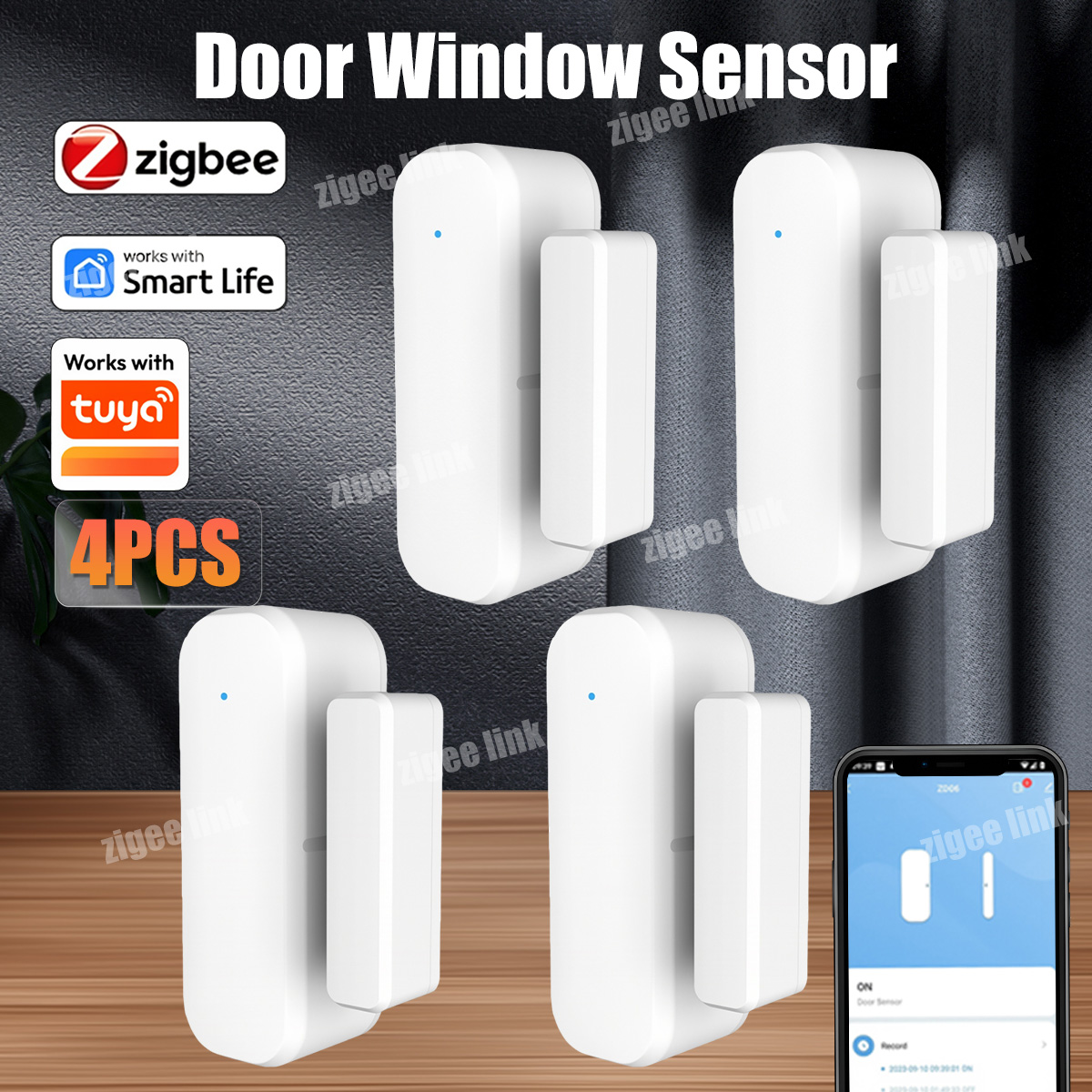 4 個 Zigbee ドア窓センサーオープンクローズ検出器ワイヤレスセキュリティ泥棒 Tuya スマートホーム警報保護必要なゲートウェイ