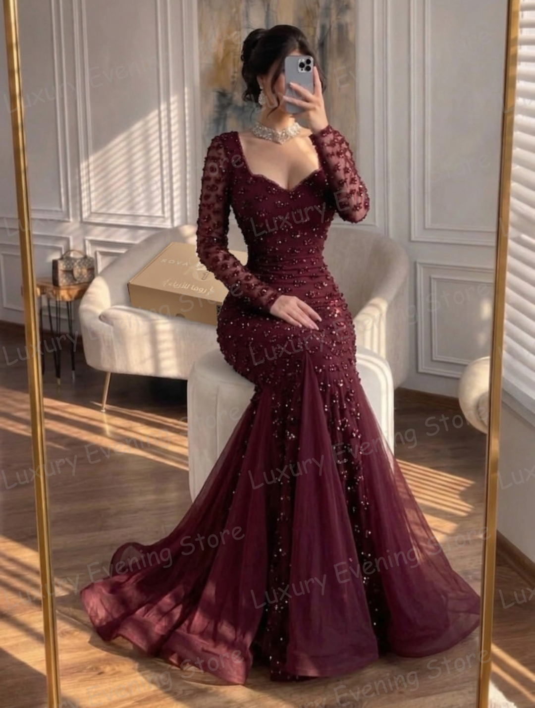 Simple Lace Evening Dresses Women's Mermaid Formal Long Sleeve Customized Prom Gowns Fashion Party Vestidos De Novia شارون سعي