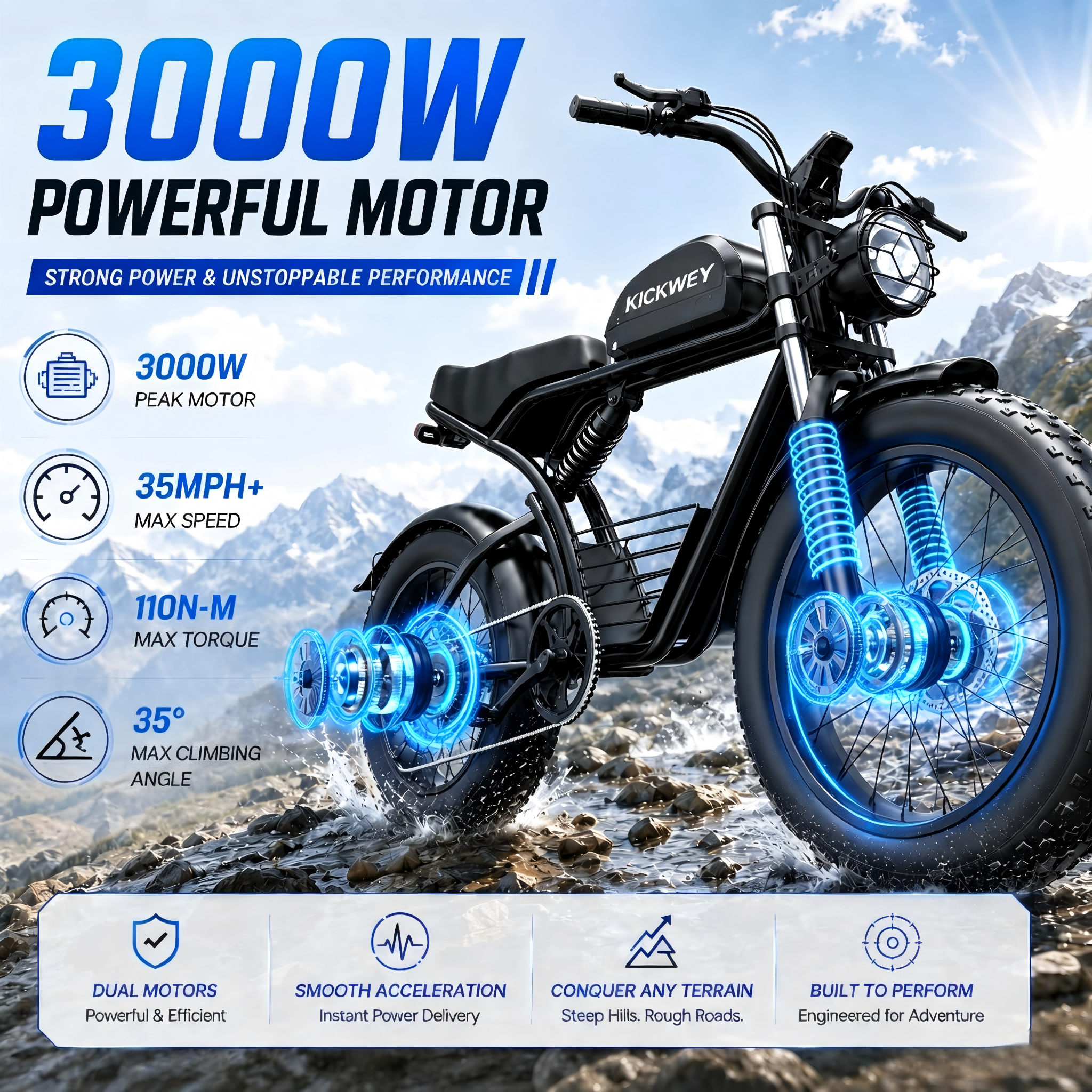 KICKWEY K7 電動自転車、3000W オフロード電動自転車、フルサスペンション電動自転車、20 インチファットタイヤ全地形電動ダートバイク