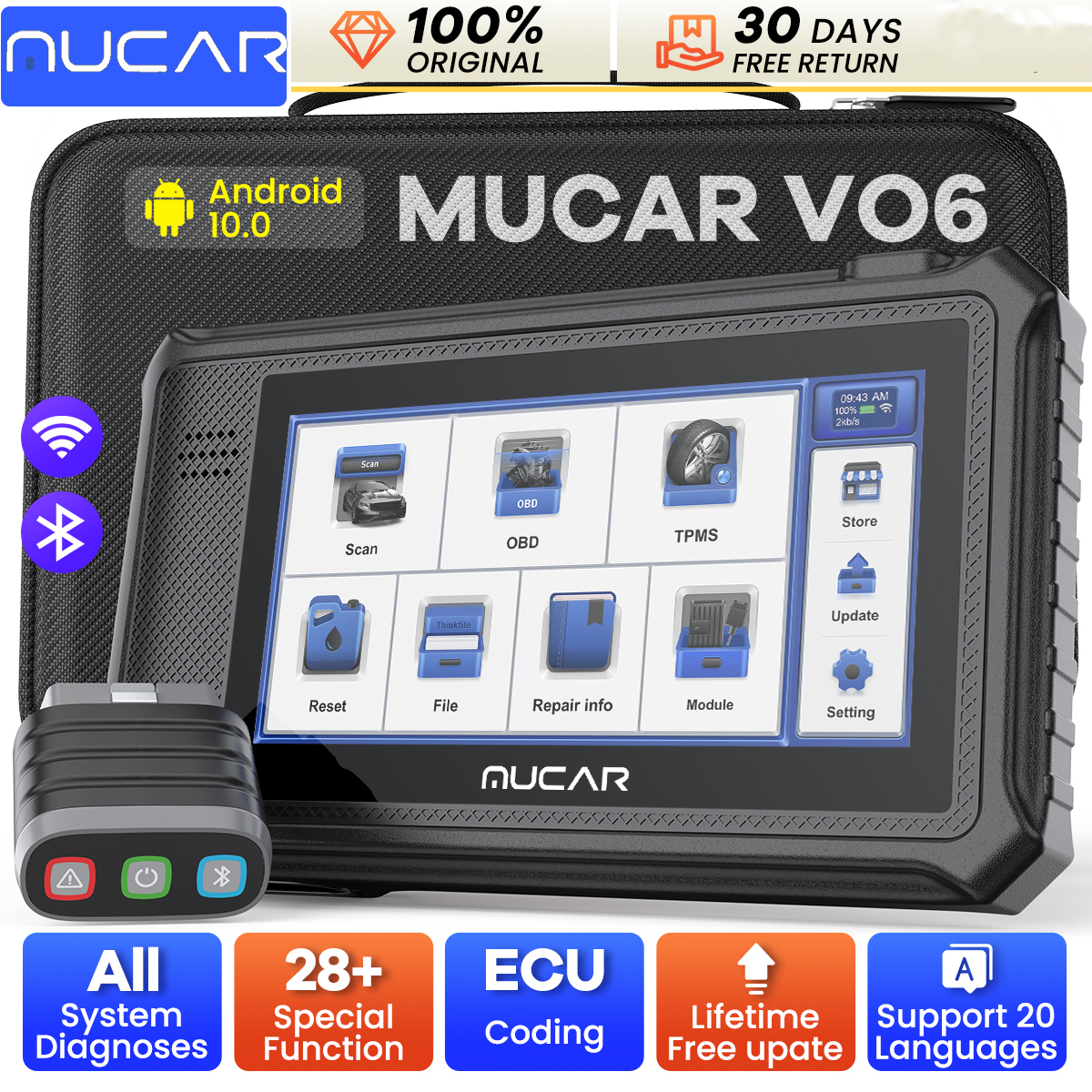 MUCAR VO6 OBD2 診断ツール、CAN FD 全システム診断 OBD2 スキャナー 車用 28 リセット 自動スキャンツール 生涯無料アップデート