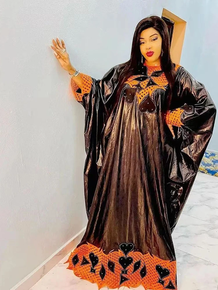 黒バザンリッシュロングドレスアフリカ女性のためのパーティー服オリジナルバザンリッシュ Dashiki ローブ刺繍イブニングドレス