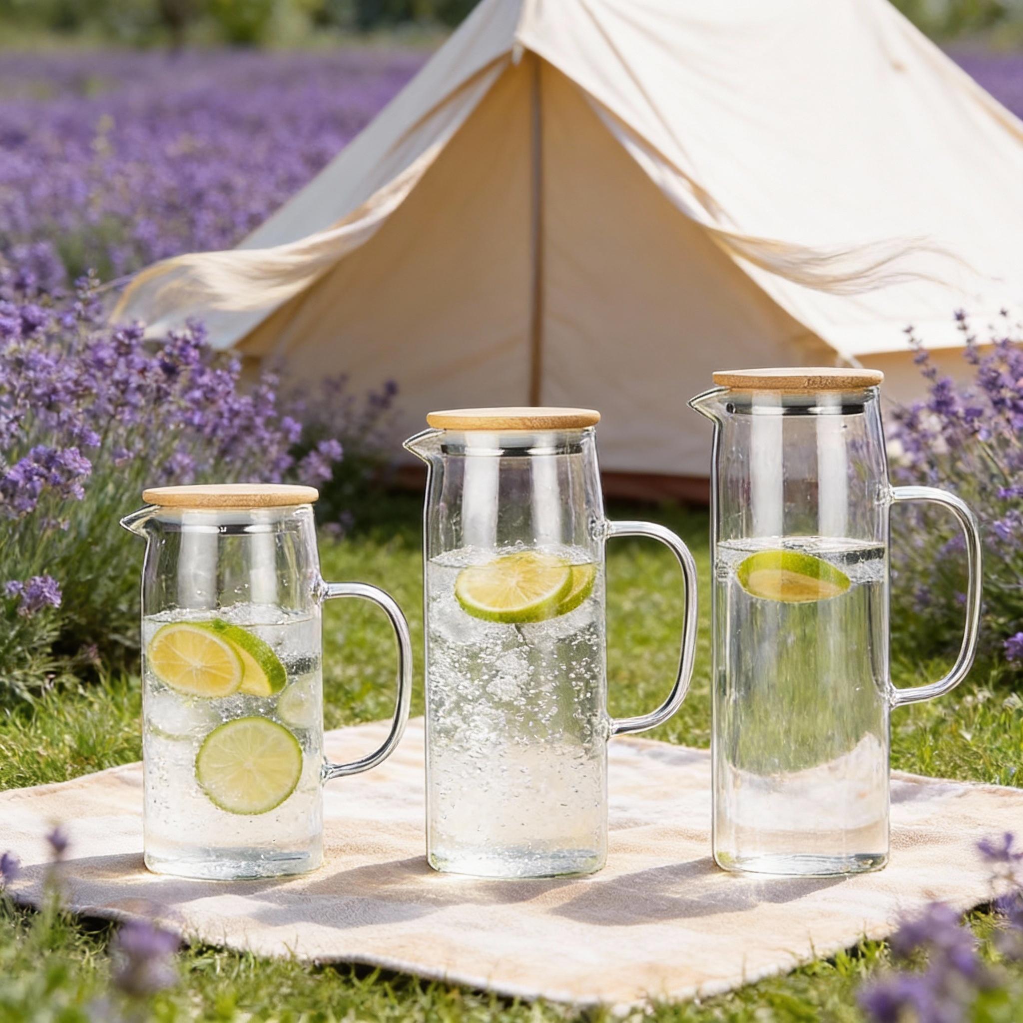 1pc 1L/1.2L/1.5L ホウケイ酸ガラスウォーターピッチャー竹蓋付き、ストレートデザインジュースジャグ、コーヒー、ジュースに最適