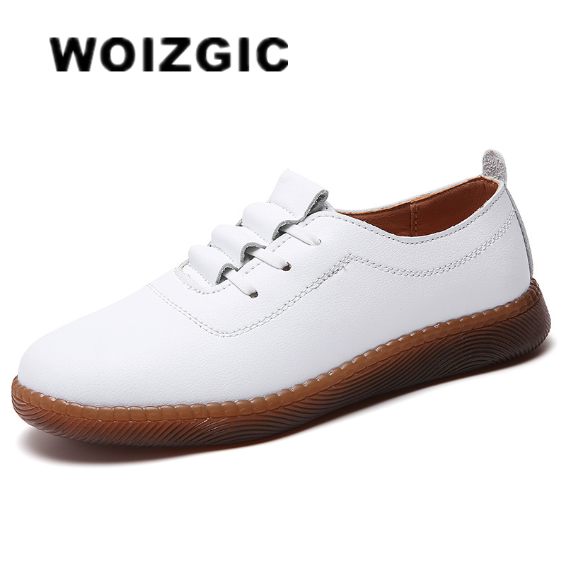 WOIZGIC 女性 Ladeis 母女性本革フラットローファー白い靴ソフトノンスリップ加硫靴サイズ 35-41