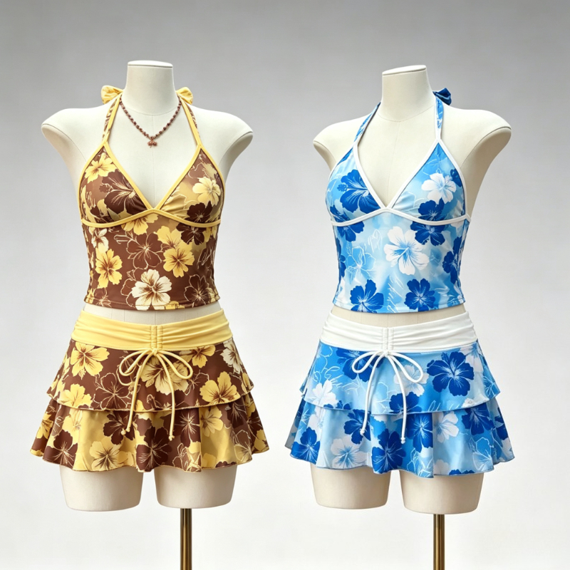 女性甘い Y2K 日本のかわいい 3 ピース水着プリントフリルロリータビキニクロップトップスカートスーツ夏のビーチホリデー